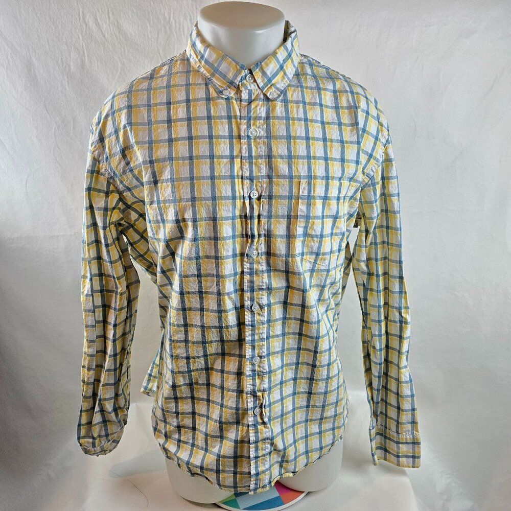 J.Crew Shirt Mens XL Yellow Blue Button Down Slim Untucked Plaid Flex Washed